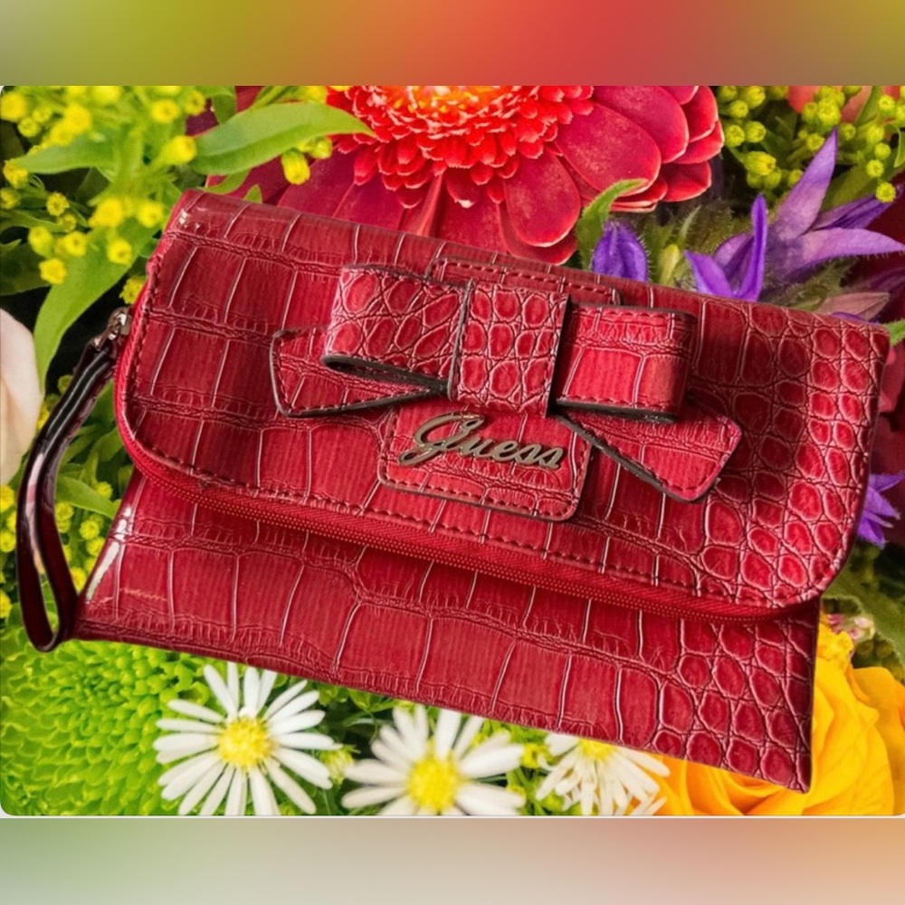 Guess Red Faux Croc Wristlet with Bow & Gold Tone Accents